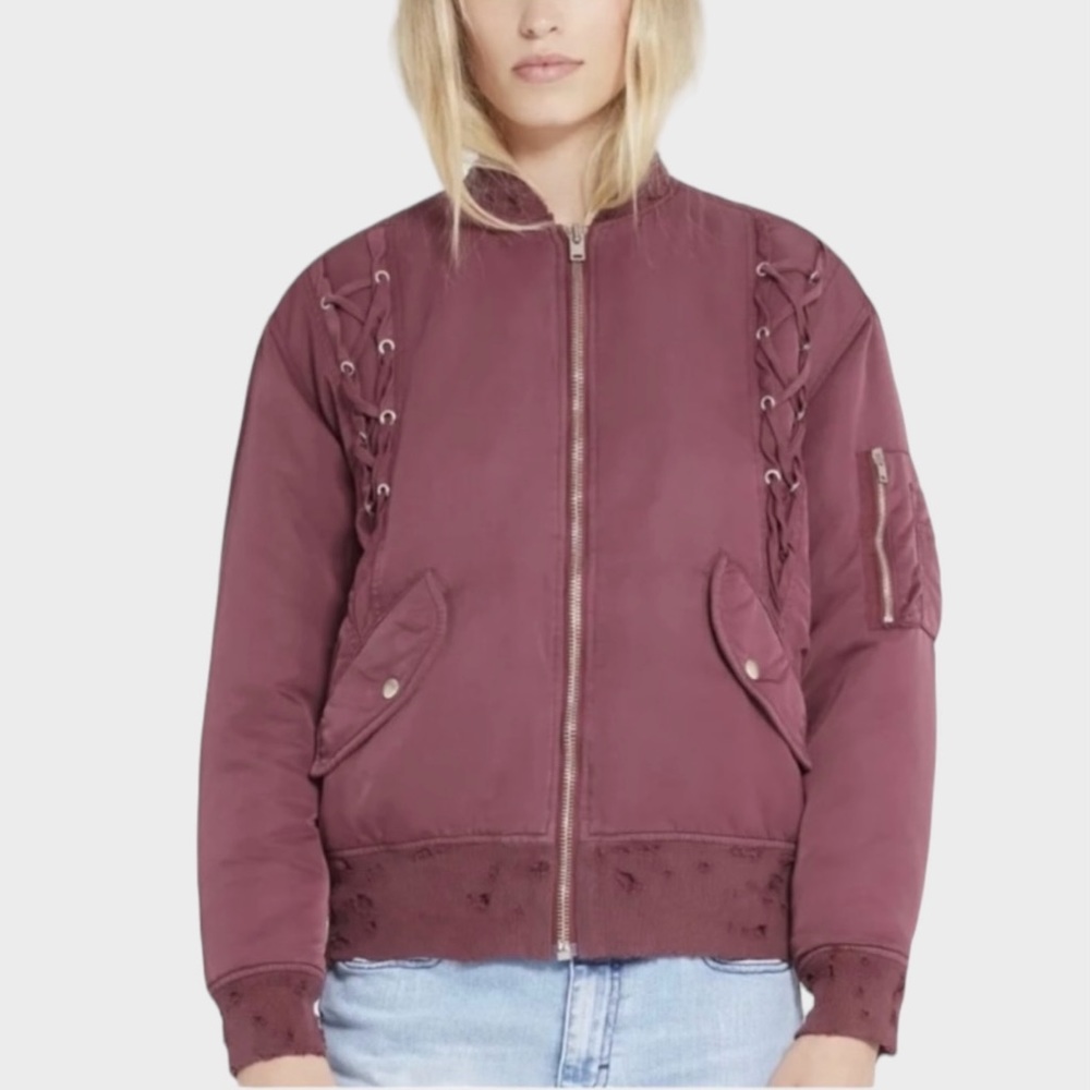 IRO Jean Ilisa Lace Up Bomber Jacket In Distressed Plum Size 40/Large
